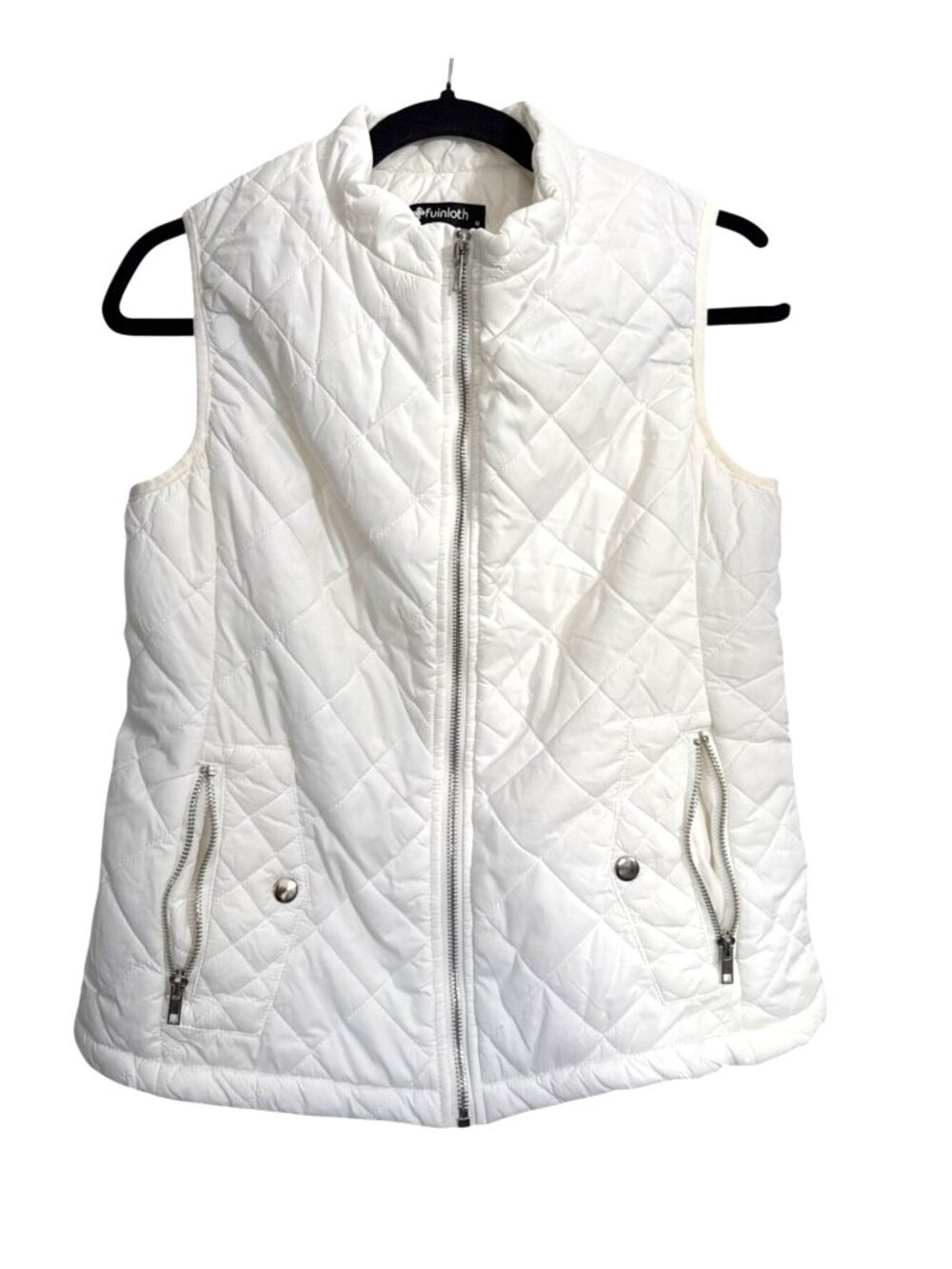 Fuinloth Womens Quilted White Sleeveless Vest Medium Zipper Closure Polyester Ma